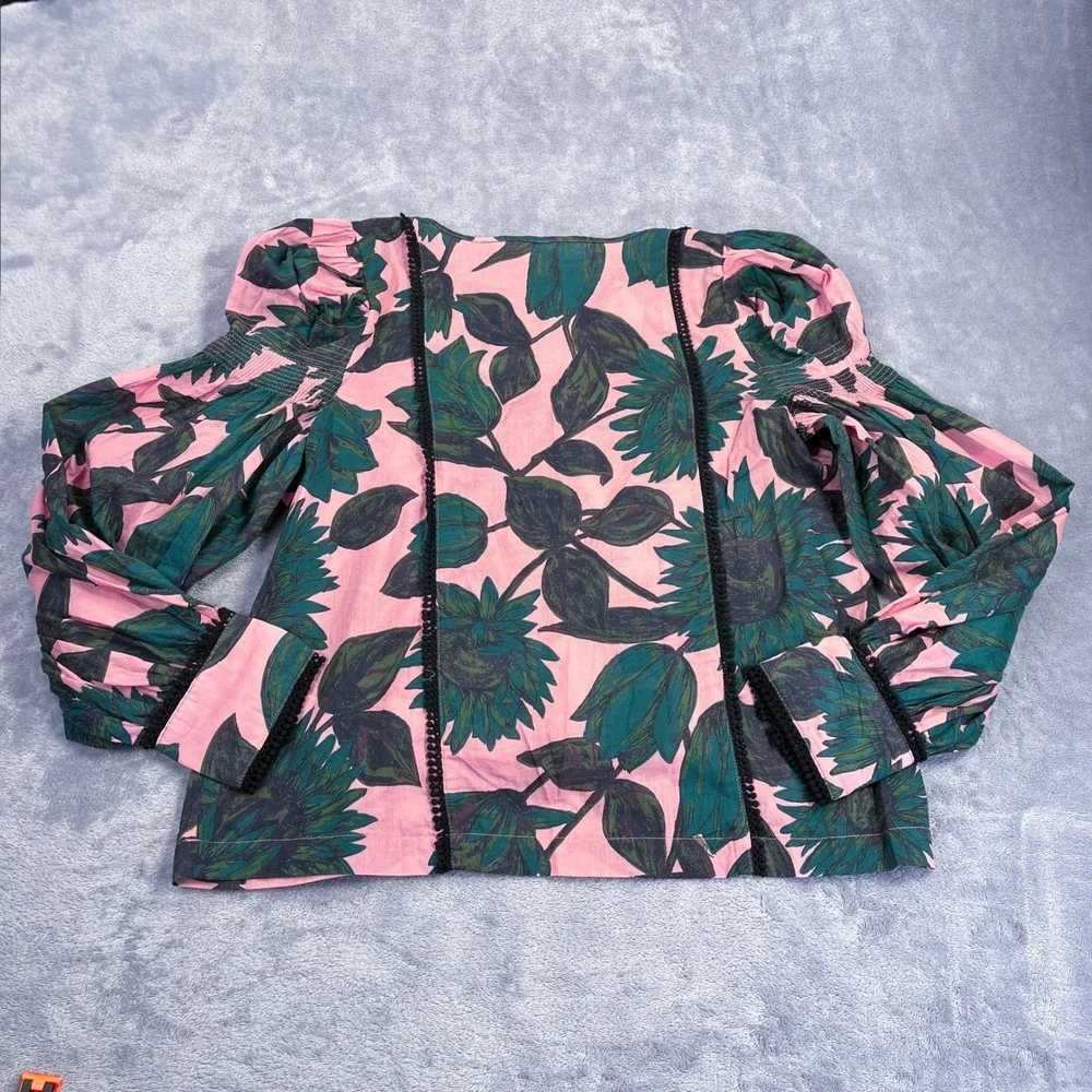 BR Floral Puff Sleeve Statement Blouse S Pink Green Romantic Victorian Inspired